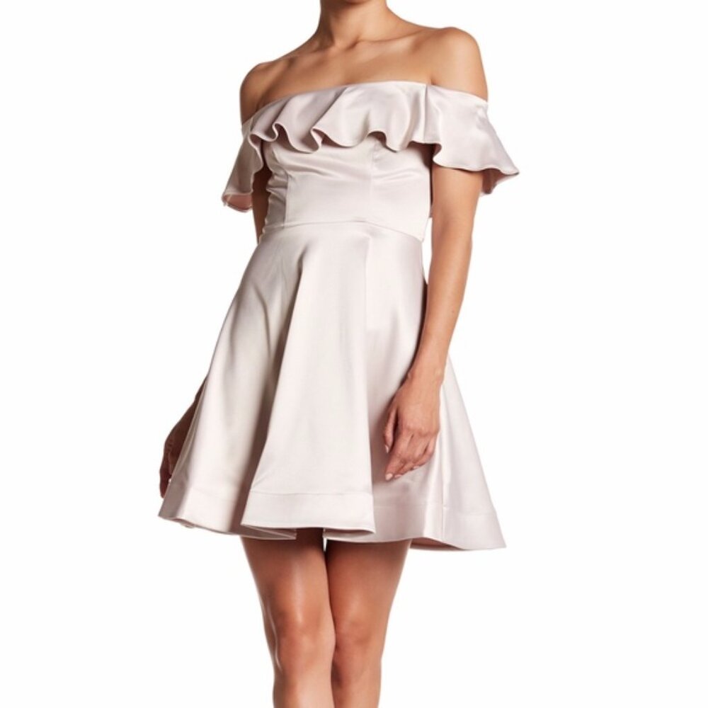 NWT Sequin Hearts Satin Off Shoulder Ruffle Champagne Dress Formal - Size 3